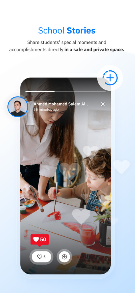 Schoolvoice - Your School App - Screenshot of the Schoolvoice app showing the School Stories feature for sharing classroom moments privately