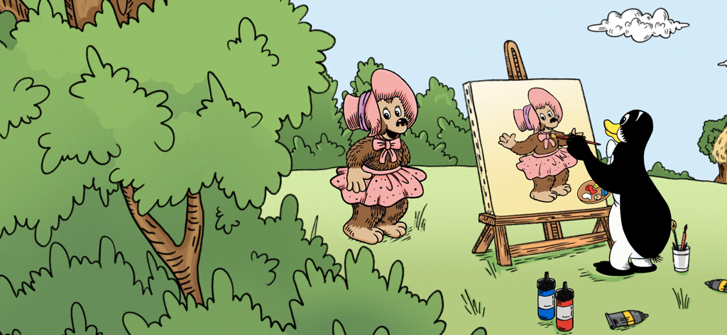 Rasmus Klump - Pingo the penguin painting a portrait of Cilla the bear on a canvas outdoors