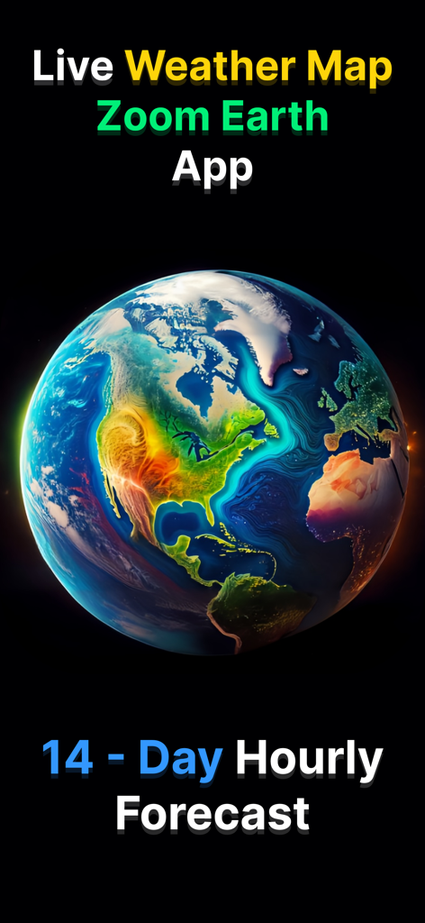 Live Weather Map Zoom Earth app interface showing a 3D globe with colorful weather heat maps and 14 day hourly forecast text