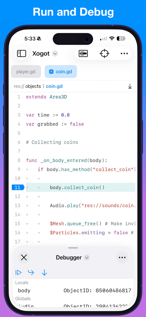 Xogot: Godot for iPad & iPhone - Xogot app interface on iPhone showing a GDScript editor and the integrated debugger panel.