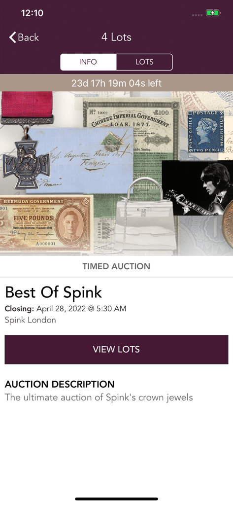 Spink Live - Spink Live mobile app screen showing the Best of Spink timed auction with high end collectibles and a countdown timer