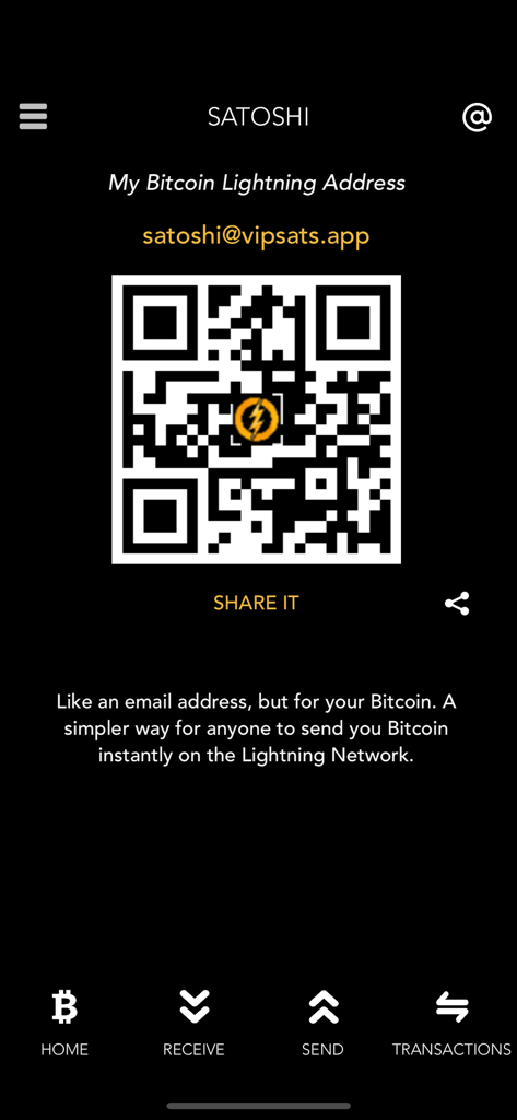 Satoshi Bitcoin Lightning - Satoshi app screen showing a personalized Bitcoin Lightning address and QR code for receiving instant payments