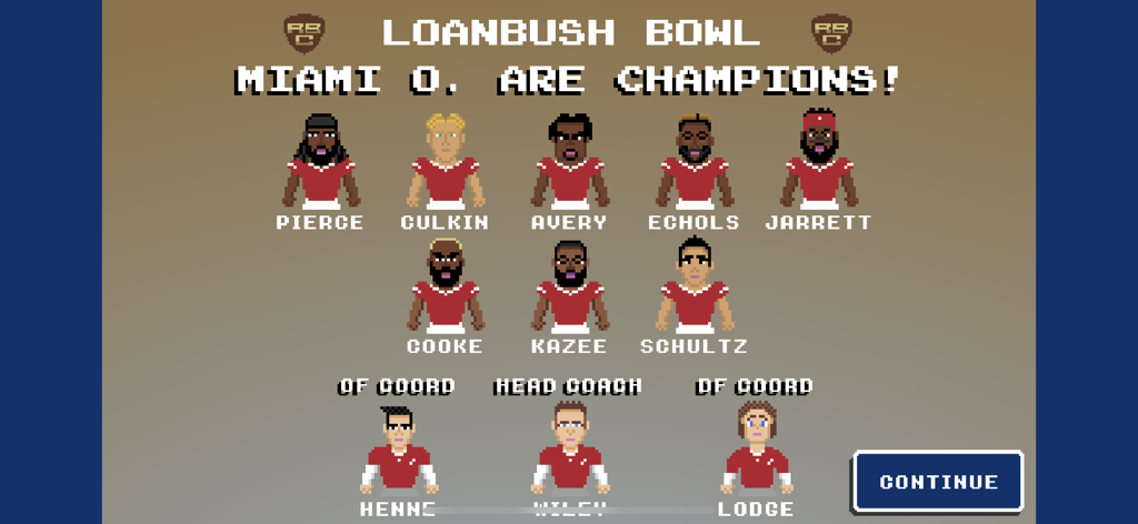 Retro Bowl College - Pantalla del juego Retro Bowl College mostrando a Miami Ohio como campeones del Loanbush Bowl