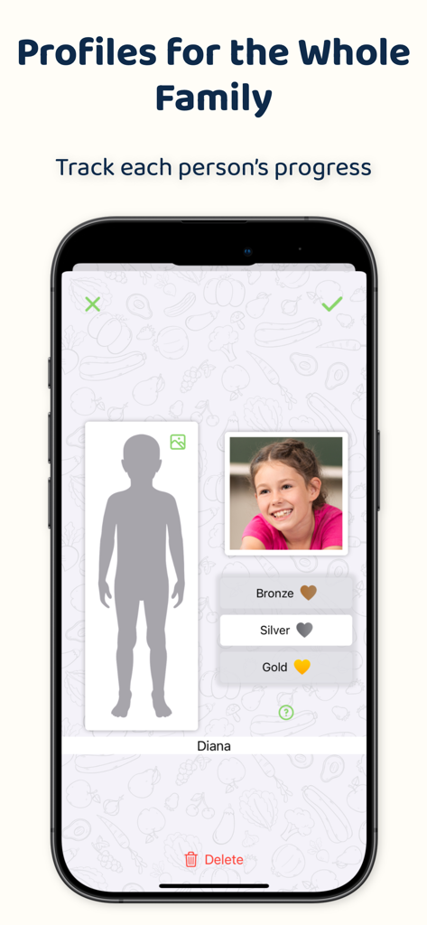 Healthy Food Advisor - Interface de aplicativo móvel mostrando configuração de perfil familiar e níveis de progresso nutricional para crianças