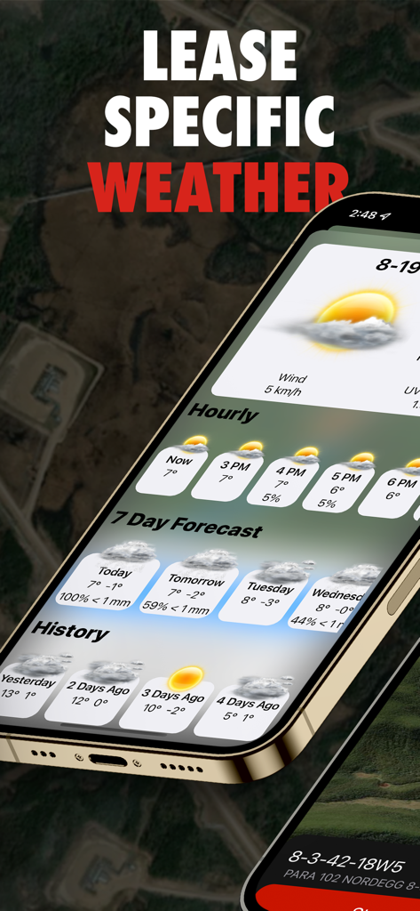 OilTrails mobile app interface showing lease specific weather forecasts and precipitation history for oil field operations