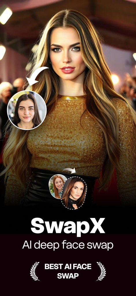 AI Deep Face Swap - SwapX - A realistic AI face swap of a woman on a red carpet using the SwapX app