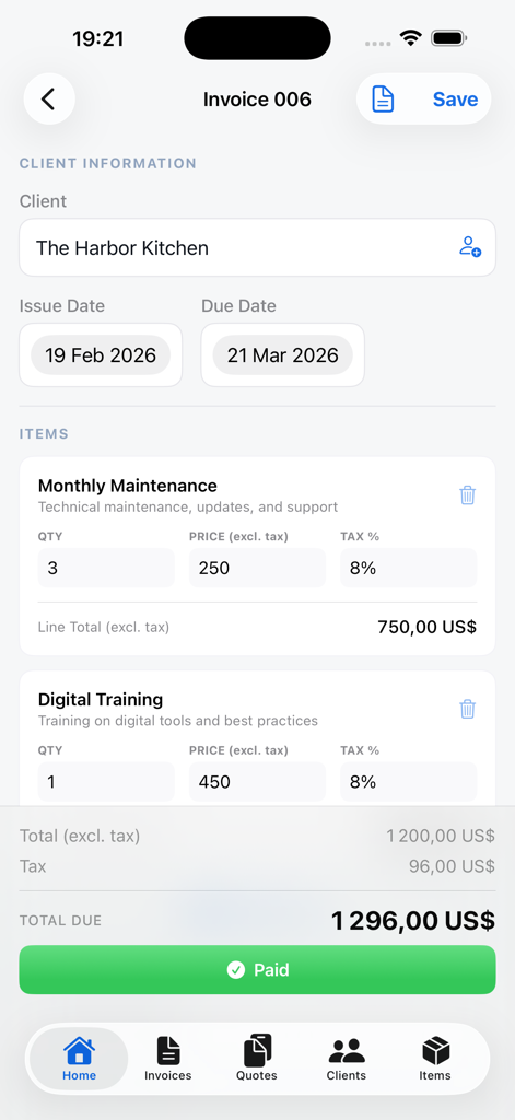 Invoice Maker & Estimate App • - Mobile app interface showing a professional invoice with itemized services tax calculations and a total amount due