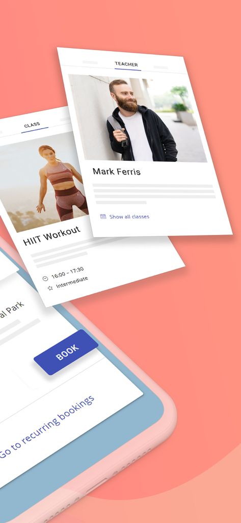 Fitssey mobile app screens showing HIIT workout details and instructor profile for easy class booking