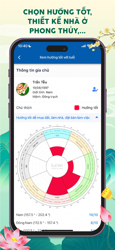 Lịch Vạn Niên 2026, Lịch Việt - Interfaccia dell'app Lich Viet che mostra una bussola Feng Shui utilizzata per determinare direzioni propizie per la costruzione di una casa o la disposizione di una scrivania d'ufficio.