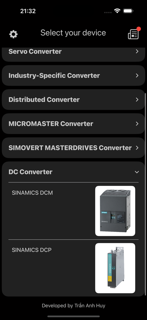 SINAMICS Fault Finder - Smartphone screen showing the device selection menu in the SINAMICS Fault Finder app with categories like DC Converter