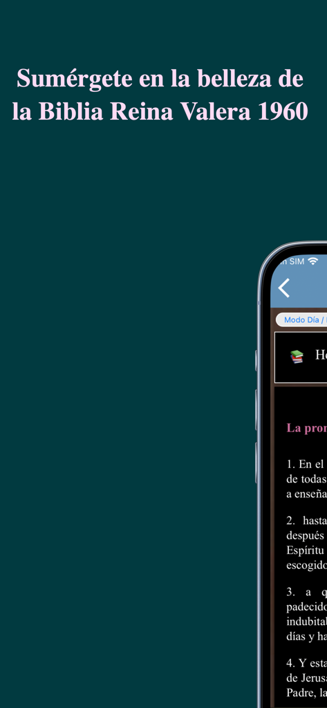 Biblia Reina Valera Español - Pantalla de introducción para la aplicación de la Biblia Reina Valera 1960 en español con una pantalla de smartphone sobre un fondo verde.