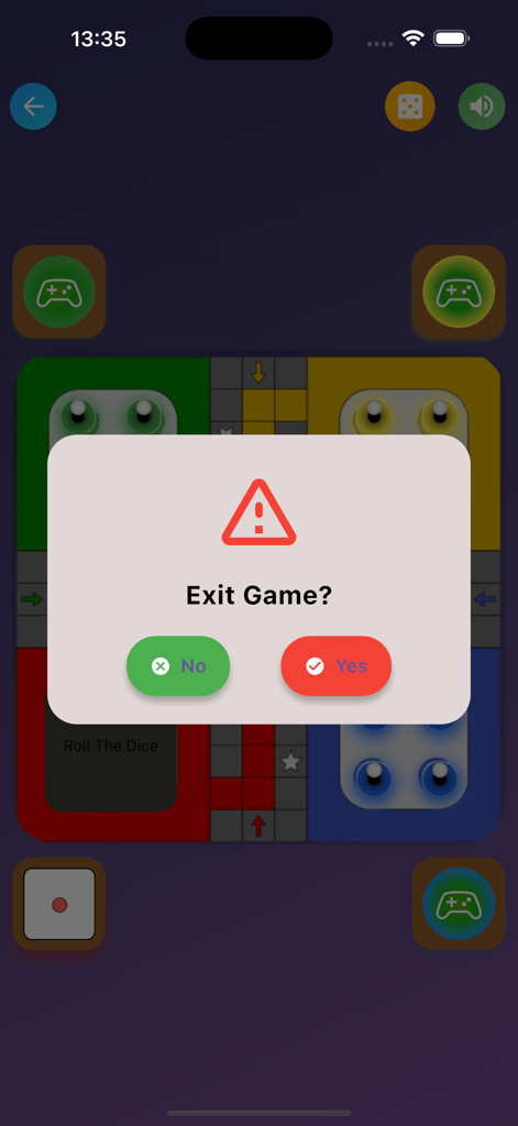 Ludo Offline Board Game - Una pantalla de Ludo Juego de Mesa sin Conexión que muestra un diálogo de confirmación para salir del juego con botones verde de no y rojo de sí