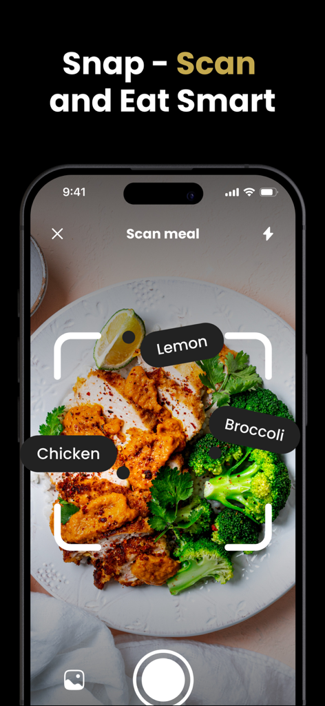 Calorie Calculator: CalMate AI - Eine Smartphone-Oberfläche, die zeigt, wie CalMate AI eine Mahlzeit aus Hühnchen und Brokkoli mit KI-Lebensmittelerkennungs-Tags scannt.