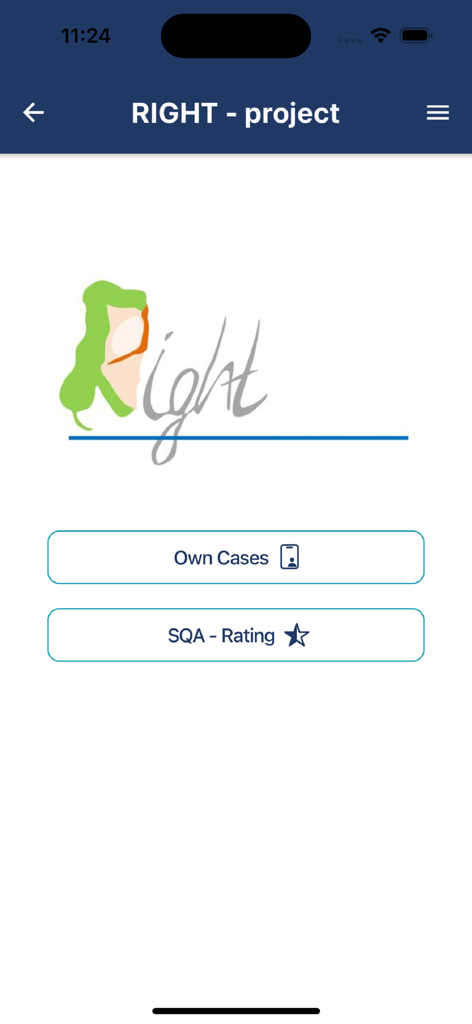 SQA App - The main dashboard of the SQA App for the RIGHT project featuring buttons for Own Cases and SQA Rating.
