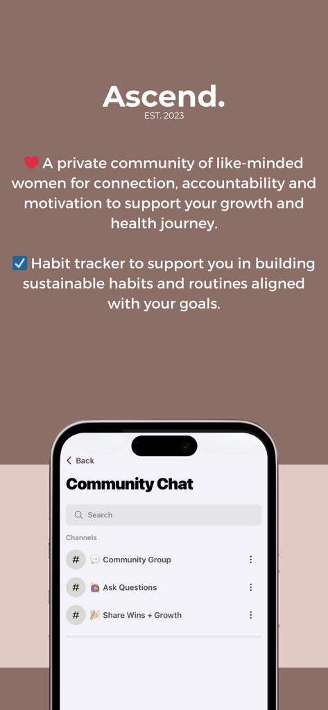 Ascend Wellness App - Ascend Wellness App interface showing the community chat channels and descriptions of habit tracking features for women