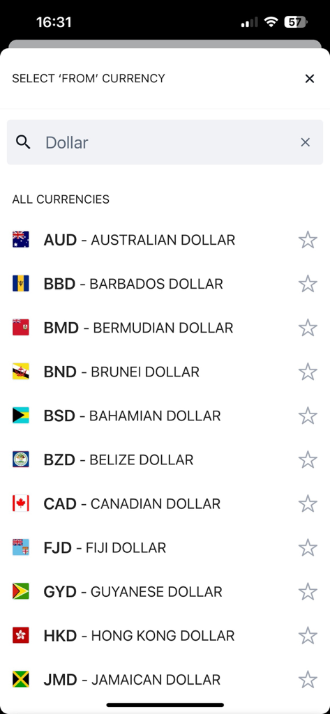 Search results for dollar currencies in the OANDA Currency Converter app