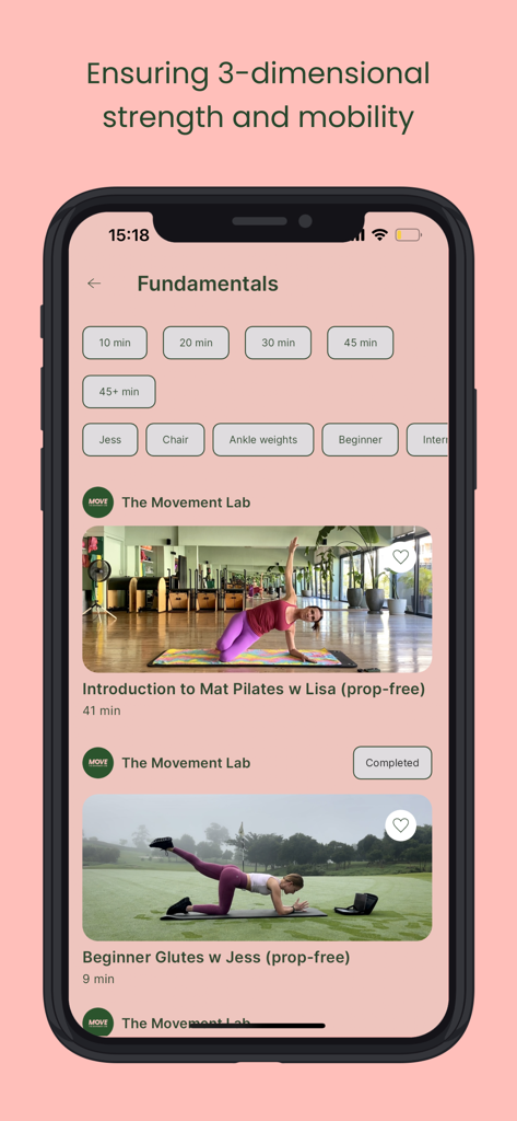 The Movement Lab On-Demand - The Movement Lab On-Demand app display of Pilates Fundamentals video classes with duration and equipment filters