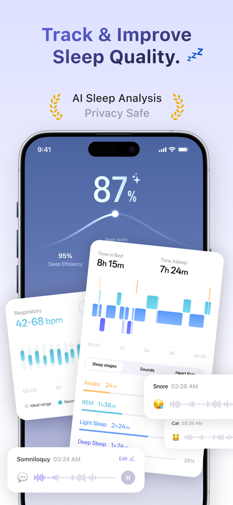 TIDE: Sleep, Focus, Meditation - Tide app interface showing AI sleep analysis dashboard with sleep score sleep stages and sound recordings