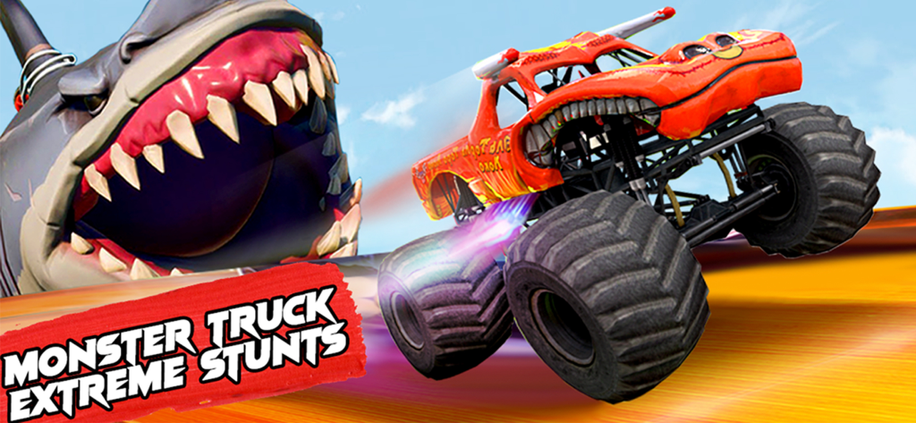 Monster Truck Stunts Car Games - Orange monster truck leaping past a giant shark on a stunt track