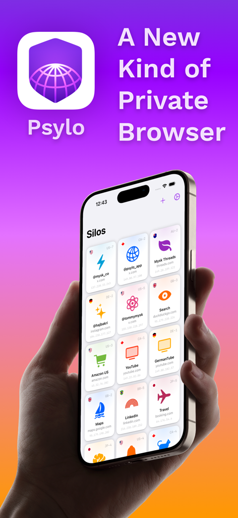 Psylo: Private Browser & Proxy - Un iPhone che mostra l'interfaccia dell'app Psylo con una griglia di silo di navigazione isolati e proxy globali