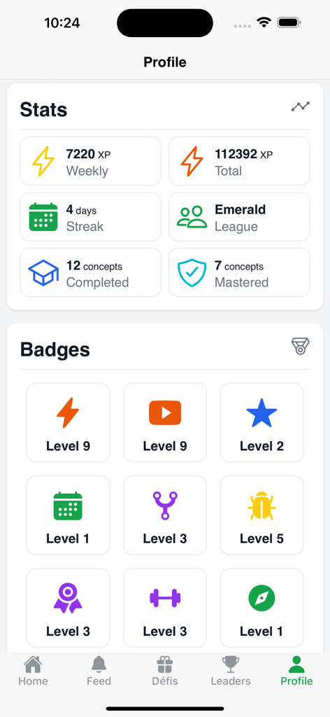 fata - The user profile page of the fata app showing weekly XP streak emerald league and achievement badges