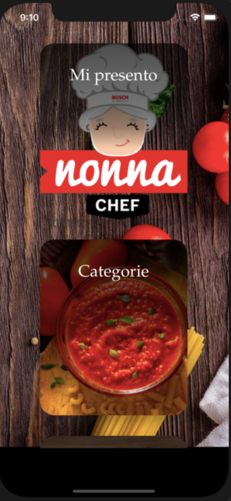 ナポリ料理レシピアプリのホーム画面。ノンナ・シェフのマスコットとレシピカテゴリが表示されています