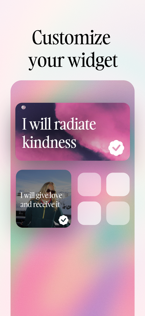 Dot - Daily Affirmation Widget - Interfaz para personalizar widgets estéticos de afirmaciones diarias con citas positivas y hermosos fondos