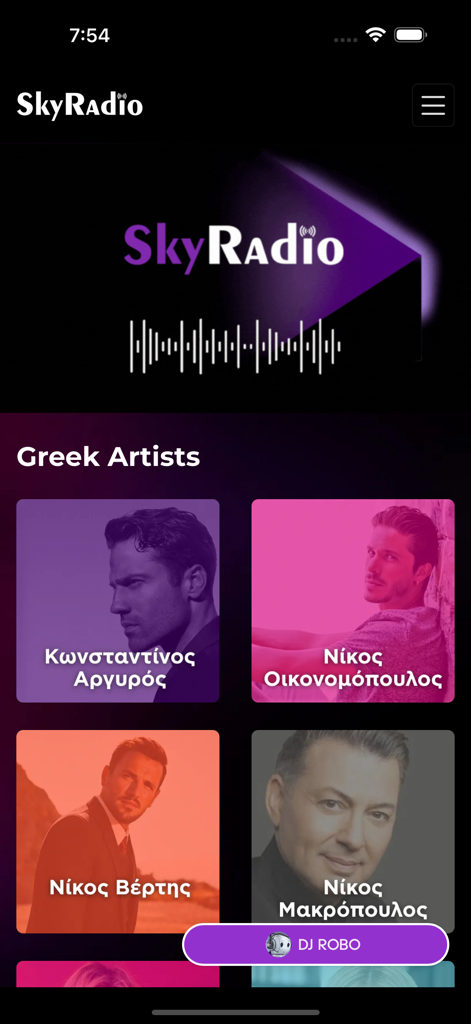 SkyRadioLive - Screenshot of SkyRadio app showing the Greek Artists section with profiles of singers like Nikos Vertis and a DJ Robo button