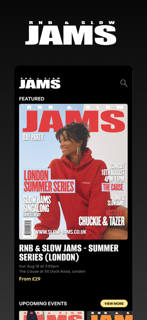 Slow Jams - Slow Jams app interface showing a featured R&B Summer Series event in London