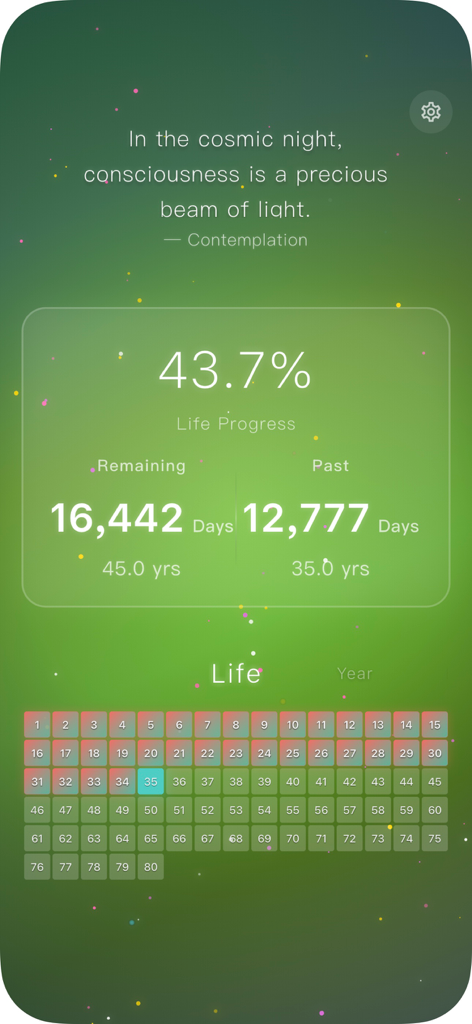 Life countdown 앱 대시보드, 삶의 진행률 백분율과 남은 날짜 표시