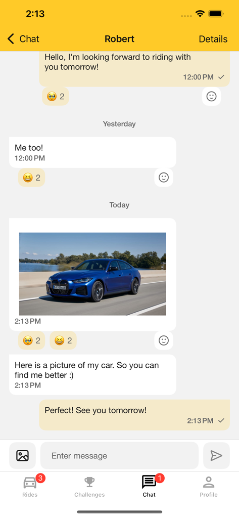 RideBee - RideBee mobile app chat screen showing a conversation between carpoolers with a shared car photo
