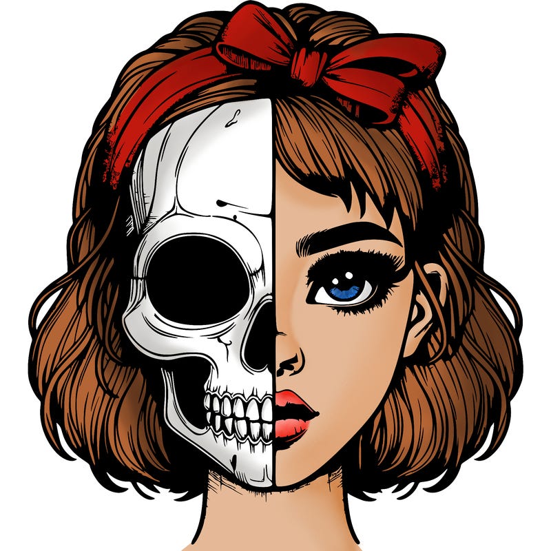 realistic girl with half skull mask
