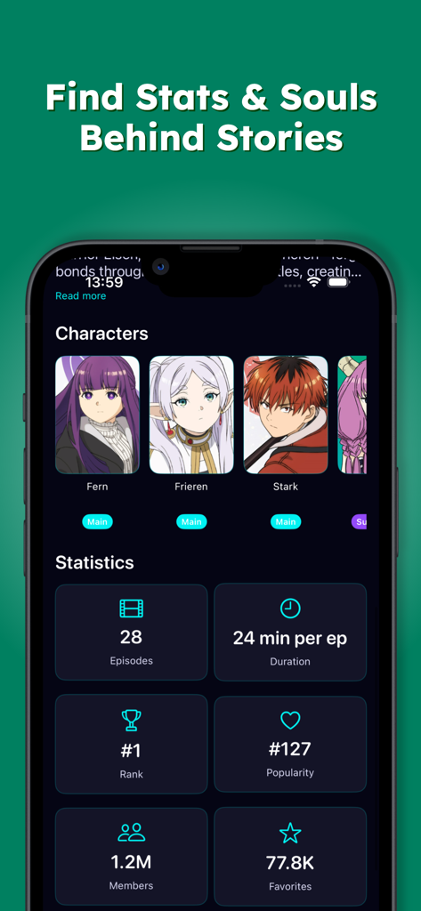 Interface showing anime characters and detailed series statistics in The Animekai app