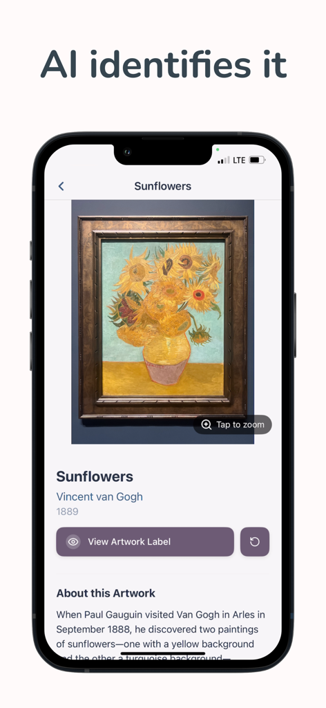 Mobile app screen showing ArtScan AI identifying the Sunflowers painting by Vincent van Gogh