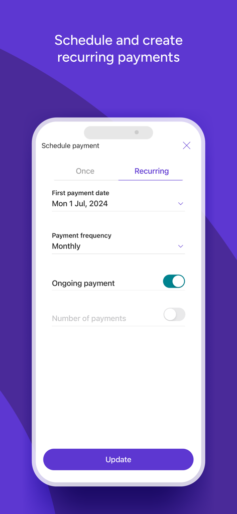 Qudos Bank - Interface of the Qudos Bank app showing options to schedule and create recurring monthly payments