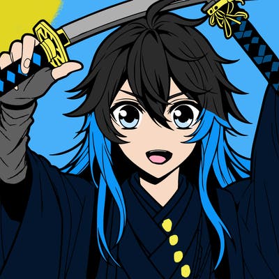 anime boy with long hair and with sword