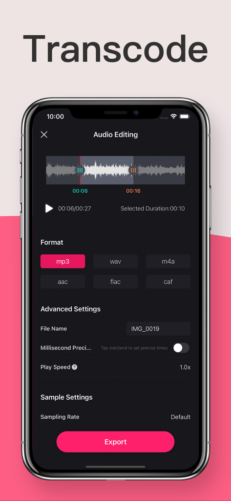 Audio Extractor: Vid2Audio - Pantalla de edición de audio que muestra el recorte de forma de onda y las opciones de formato como mp3 y flac.