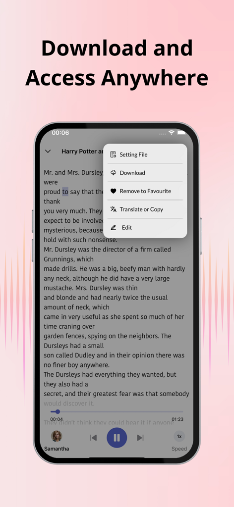 AI Reader: Text To Speech - AI Reader app interface showing text to speech playback with an options menu for downloading files.