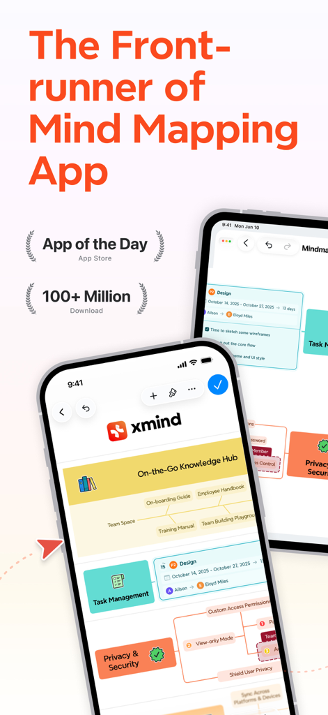 Interfaz de la aplicación Xmind mostrando mapas mentales para gestión de tareas y centro de conocimiento en dispositivos móviles.