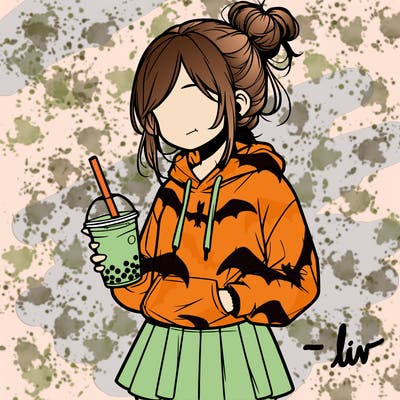 a realisic girl wearing a hoodie with a skirt with a messy bun drinking boba