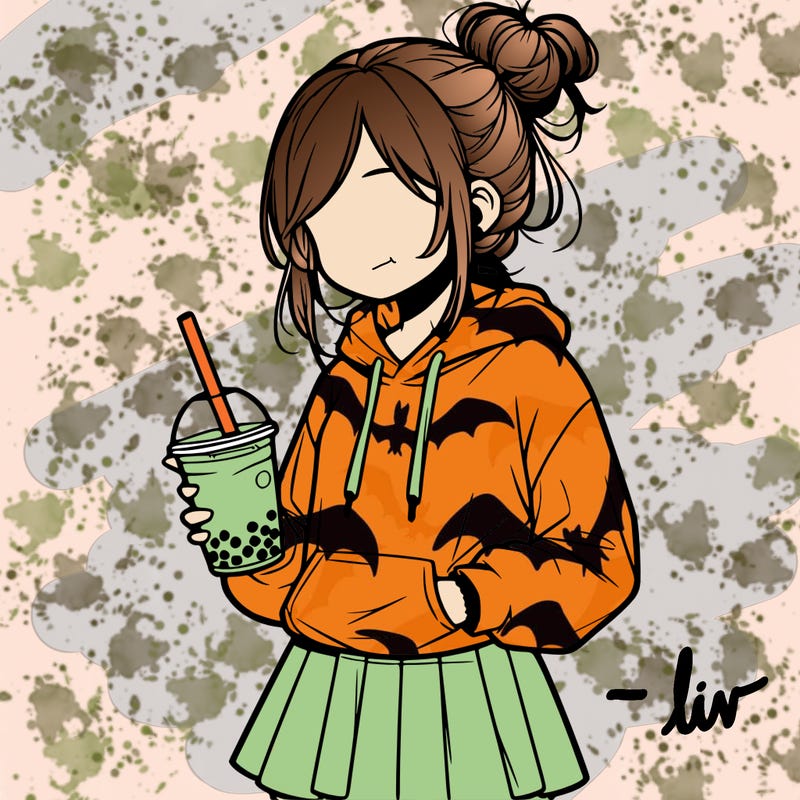 a realisic girl wearing a hoodie with a skirt with a messy bun drinking boba