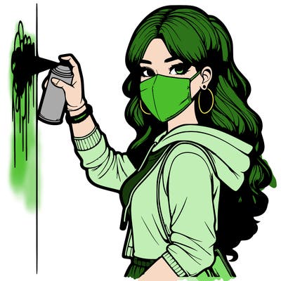 realistic girl with mask spray painting a wall