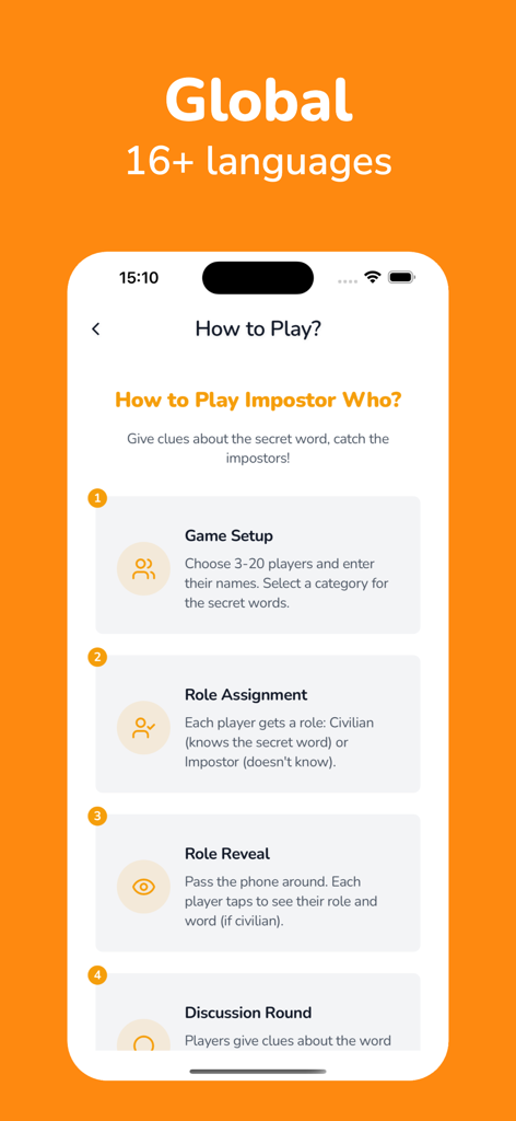 Una pantalla de tutorial paso a paso que muestra los cuatro pasos principales para jugar al juego de deducción social ¿Quién es el impostor?.
