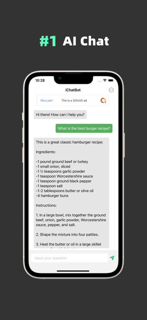 iChatBot - Interfaccia dell'app mobile iChatBot che mostra un assistente AI mentre fornisce una ricetta per hamburger