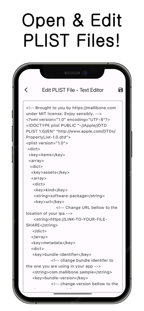 Interface of the PLIST Editor Reader app showing a text editor with an XML property list file on a smartphone screen.