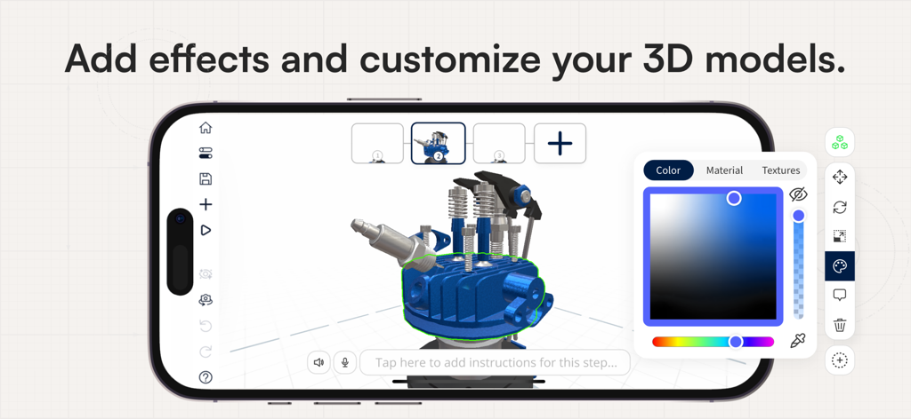 JigSpace mobile app interface showing customization of a 3D engine model with a color picker tool