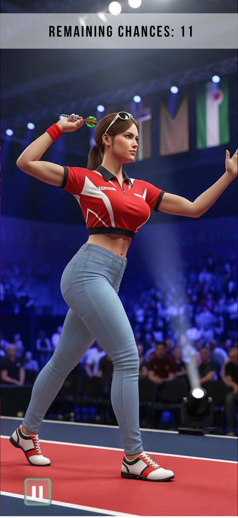 Dart Games 3D: Arrow Master - Un personaje femenino con polo rojo y jeans preparándose para lanzar un dardo en una gran arena de estadio.