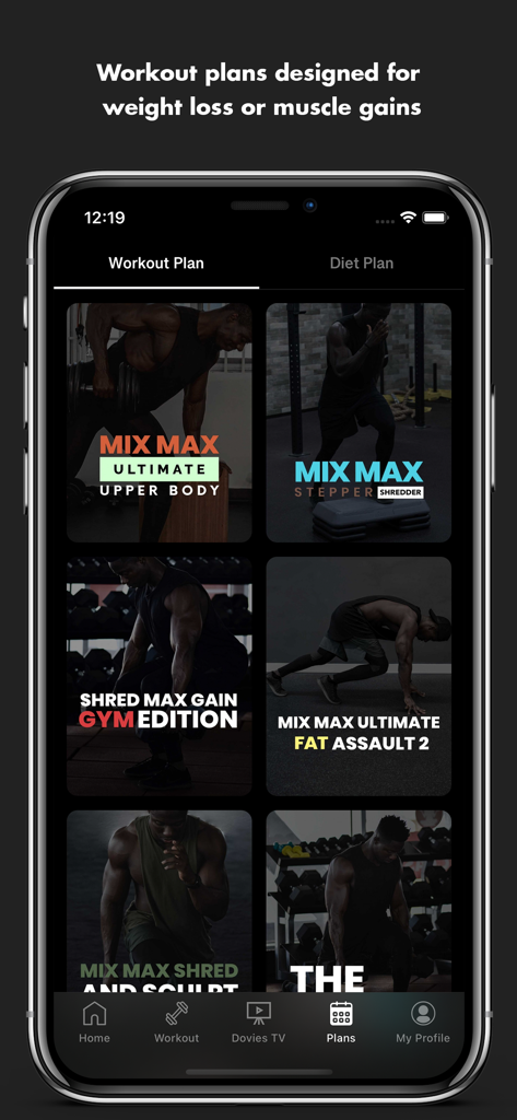 Doviesfitness app screen displaying different workout plans for weight loss and muscle gains