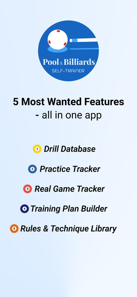 Pool & Billiards Self-Trainer - 드릴 데이터베이스 및 연습 추적기를 포함한 당구 및 풀 셀프 트레이너 앱의 5가지 주요 기능 요약.