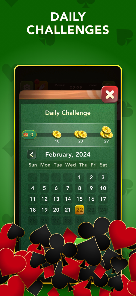 Solitaire Classic Card Game. - Pantalla de desafíos diarios de Solitario Clásico con un calendario de febrero y recompensas de monedas